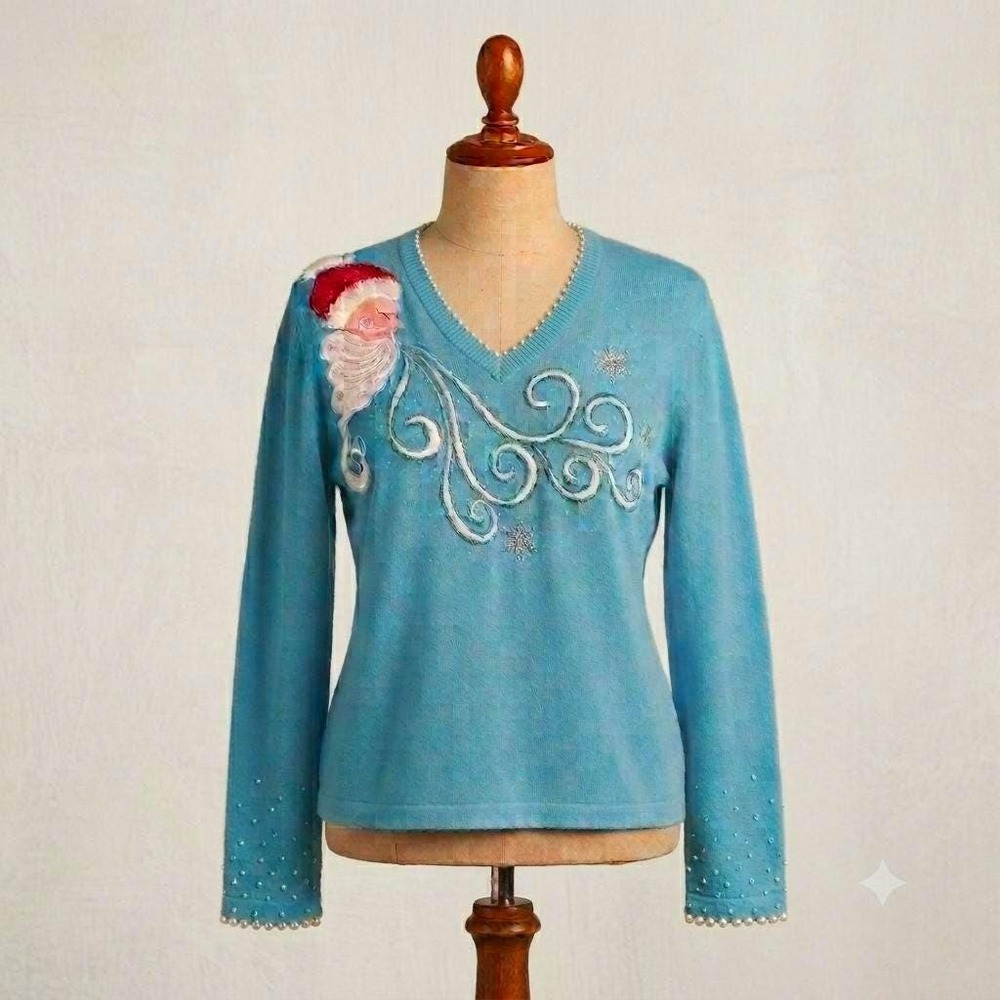 Vintage Jack B. Quick V-Neck Christmas Sweater Embellished Beaded Sequins Santa